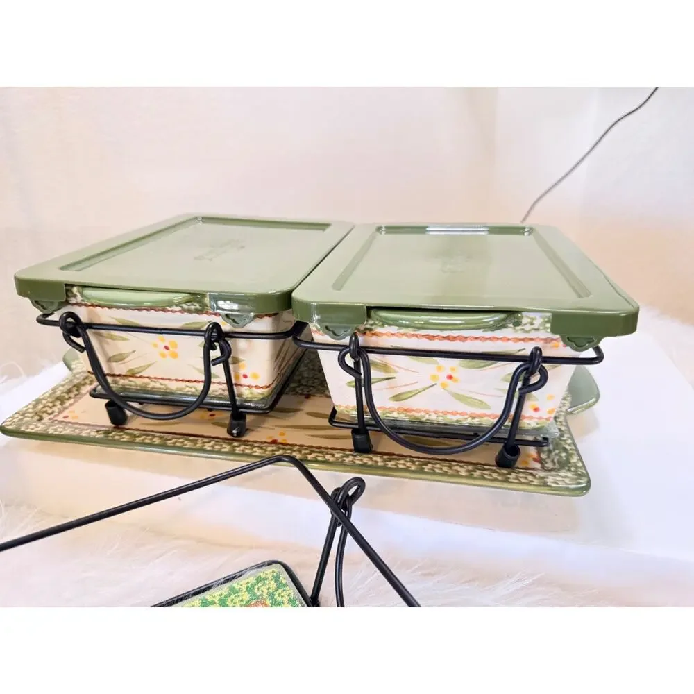 Temptations 10pc Ceramic Rectangular Baking Dish w/ Lid 2.5 qt Green/White 500°F